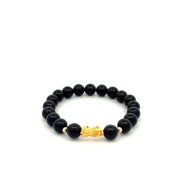 Unbranded Jewelry - 18K Gold Dragon Pixiu Piyao Lucky Charm Bead Bracelet Gemstone Black Onyx 8mm